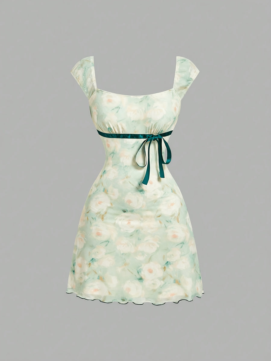 Square Neck Dress, Summer Pure Desire Style Bow Waist Cinching Short Bodycon Skirt, Sweet Style Printed Dress, Summer Date Ribbon Bow Waist Cinching Mesh Mini Skirt, Suitable for Birthday Parties, Weekend Parties, and Vacation Outings - Light Green
