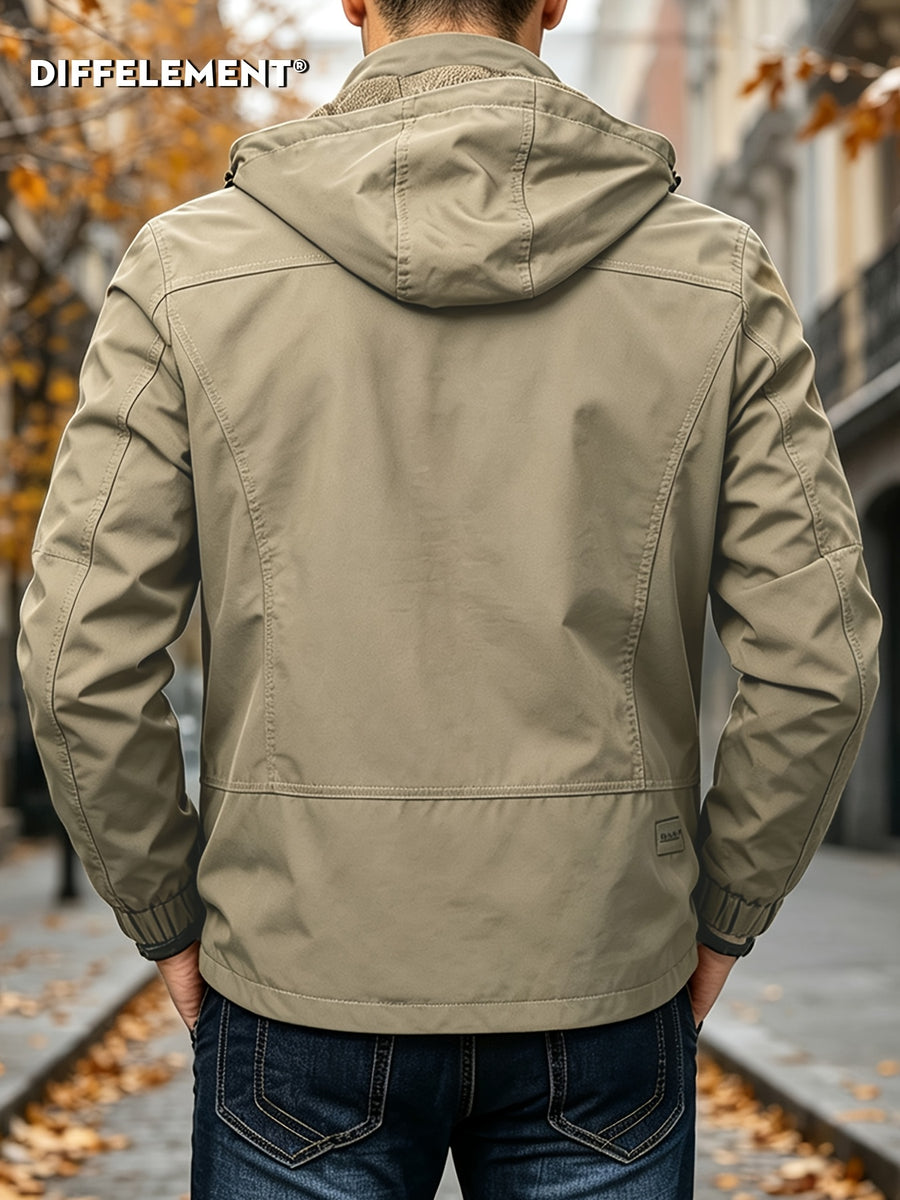 Men'S Drawstring Removable Hooded Utility Jacket, Wrinkle-Resistant Breathable Durable Woven Fabric, Fitted Short Length Spring Autumn City Commute Hiking Style, Autumn Street Outdoor Multi-Scene Wear, Orange Zipper Contrast Pocket - Khaki