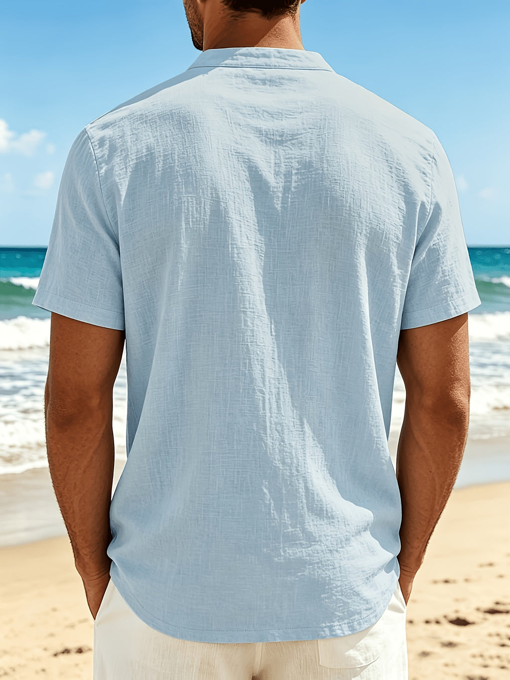2pcs Men's Linen Outdoor Short Sleeve Vintage Linen Casual Fashion Loose Fit Breathable Comfortable V-Neck Shirt, Suitable for Daily Leisure, Outings, Travel, and Beach - Sky Blue+White