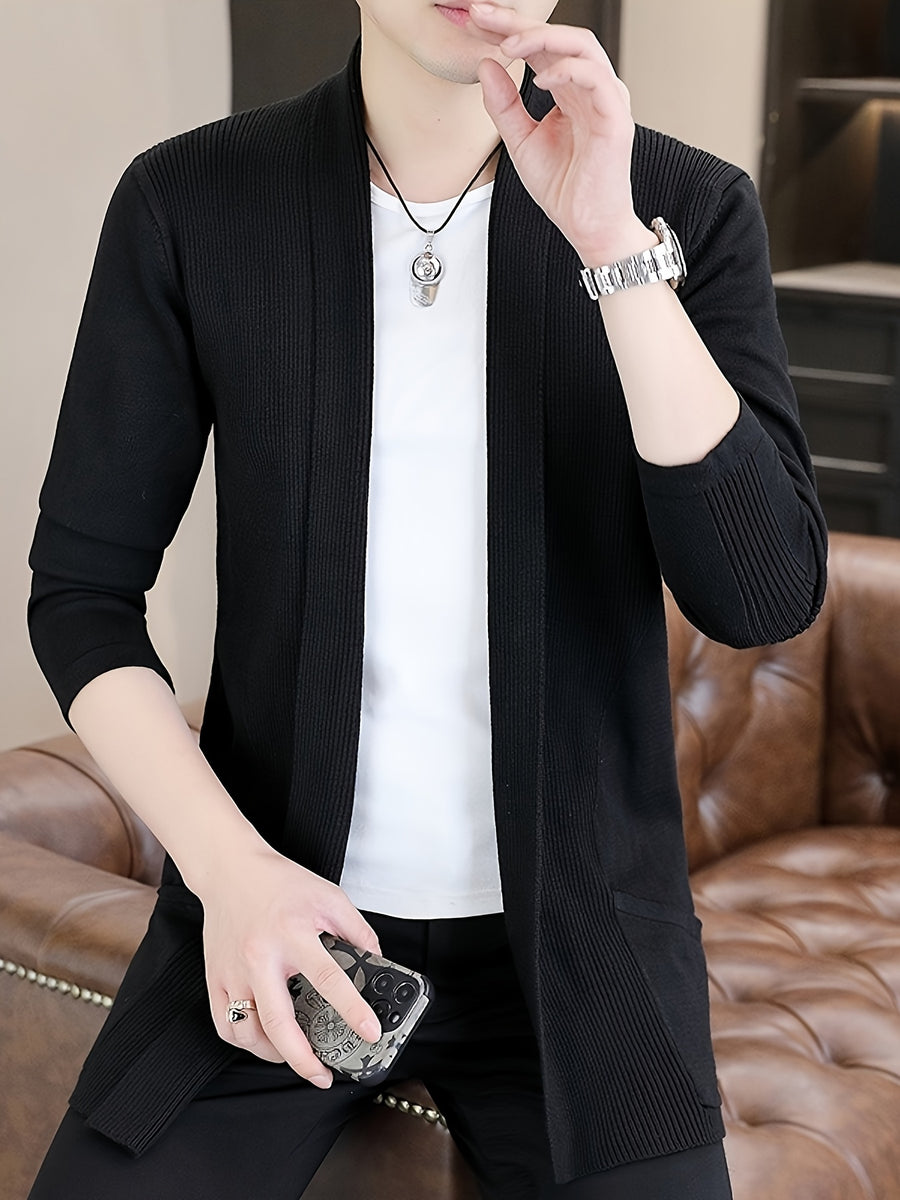 2025 Spring New Men's Street Style Long Sleeve Cardigan Sweater - Soft Stretch Knit Open Front Lapel Design, Regular Fit Long Length for Spring/Autumn Transitional Weather, Hand Washable Versatile Casual Outerwear, Sweater Cardigan - WE8296 Black