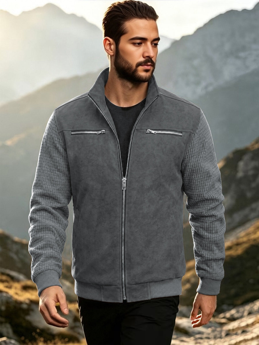 EXARUS Men's American-Style Stand Collar -Like Patchwork Jacket, Spring/Autumn Outerwear, Waffle Long Sleeve Color-Block Casual Top, European/American Outdoor Workwear Style Zipper Jacket. Features a -like Textured Body with Textured Sleeves - Grey