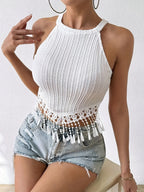 Women's Sexy Summer Cropped Sleeveless Top with Elegant Fringe Details - Slim-Fit Stretch Round Neck Casual Chic Outing Shirt, Cute Tops for Summer, Festive Outfit Choice, Nontransparent Material - White
