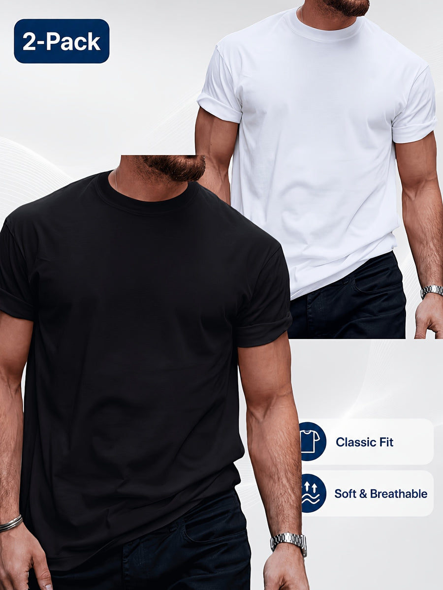 2pcs Men'S Round Neck Short Sleeve Top Set, Round Neck Solid Color Casual Versatile Style, Skin-Friendly Blend Fabric, Suitable for Casual Commuting And Home Wear - White+black