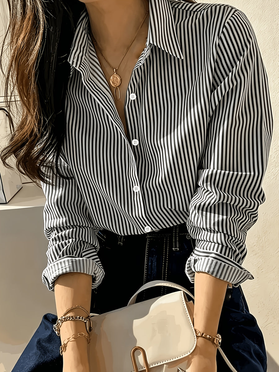 Women's Four-Season Striped Commuter Elegant Shirt - Black
