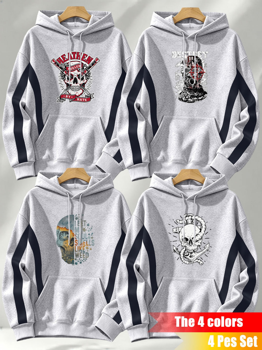 4pcs 2026 Autumn/Winter Men's Street Style Hooded Sweatshirt with Diagonal Contrast Color Line Cutting on Sleeves, Long Sleeves, Adjustable Drawstring, Large Capacity Kangaroo Pocket for Phone Storage, Skin-Friendly and Warm, Versatile Pullover - Gray+grey+grey+grey