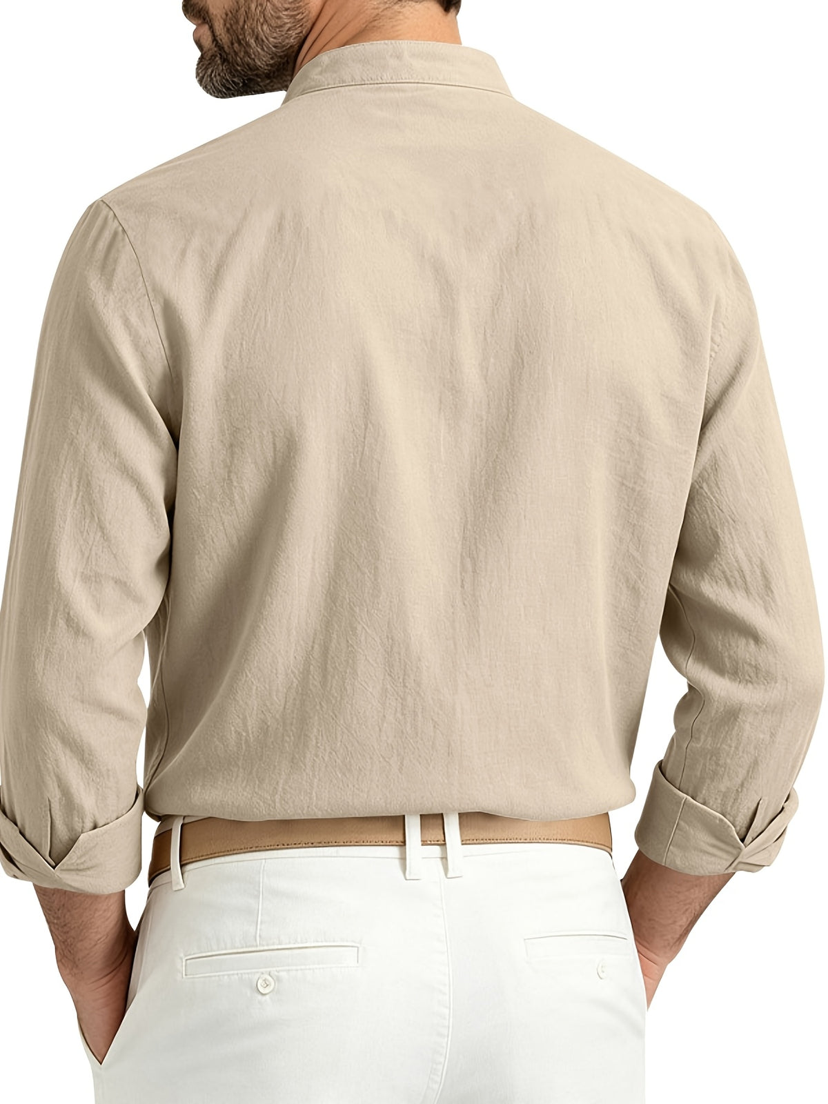 Men's Spring/Autumn Linen Loose-Fit Casual Simple Breathable Button-Front Roll-Up Sleeve Long-Sleeve Stand Collar Shirt - Khaki