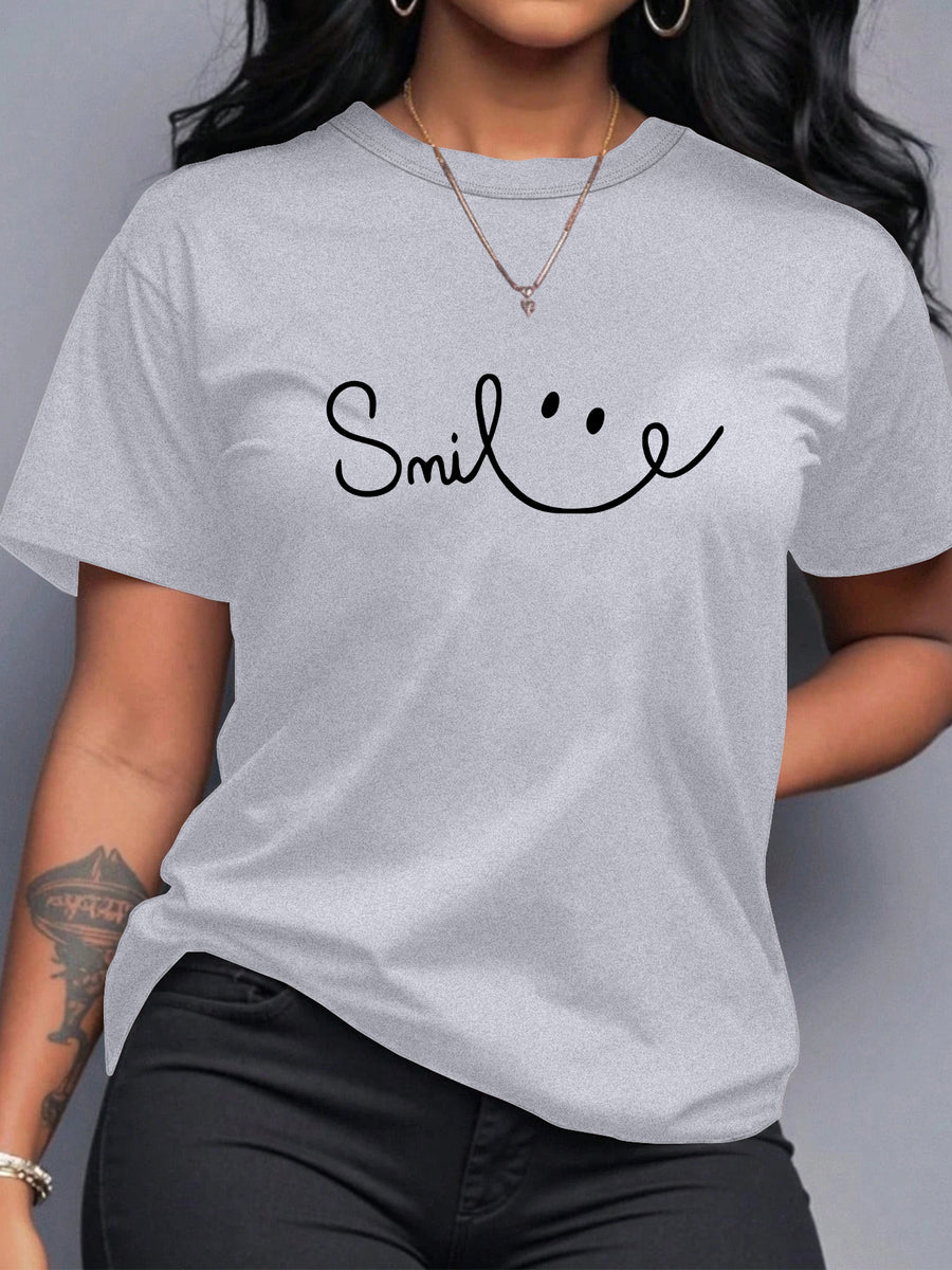 Women's Casual Short Sleeve T-Shirt - Smile Text & Geometric Print, Breathable Round Neck Summer Top, Machine Washable Regular Fit Tee for Casual Attire, Ladies Tshirts, Minimalist Design, Soft Fabric Material - Light Grey