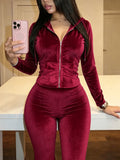 Women's 2pcs Korean Velvet Hooded Casual Set, New Autumn/Winter Style, Slim Fit Zipper Cardigan + Flared Pants 2pcs Set. Made of High-quality Golden Velvet Fabric, Soft, Comfortable, and with Excellent Drape. The Waist-cinching Cut Accentuates Body - Burgundy