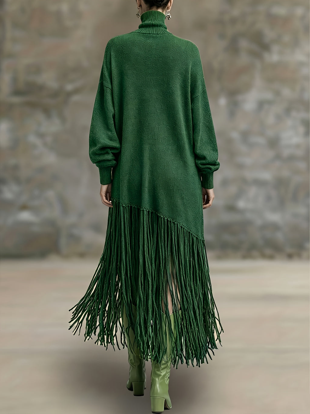 Women's Autumn New Arrival Bohemian Elegant Fringe Patchwork Hem Design St. Patrick's Day Natural Style Easter Atmosphere Vacation Knee-Length Dress - Dark Green