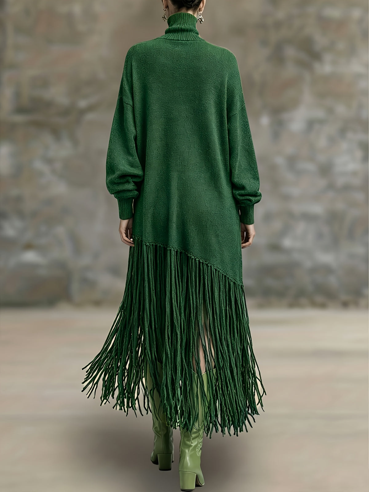 Women's Autumn New Arrival Bohemian Elegant Fringe Patchwork Hem Design St. Patrick's Day Natural Style Easter Atmosphere Vacation Knee-Length Dress - Dark Green