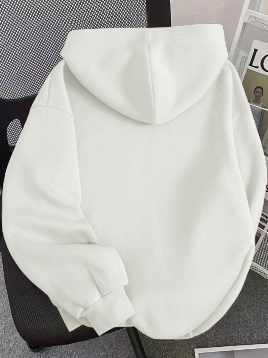 Women's Spring, Autumn, Winter -Lined Loose Hooded Sweatshirt - Korean Style Fashion, Niche, Minimalist, Age-Reducing, Versatile,, Daily Casual, Energetic, Soft and Cute,, Cartoon-Style Adorable Kitten Print Top - White