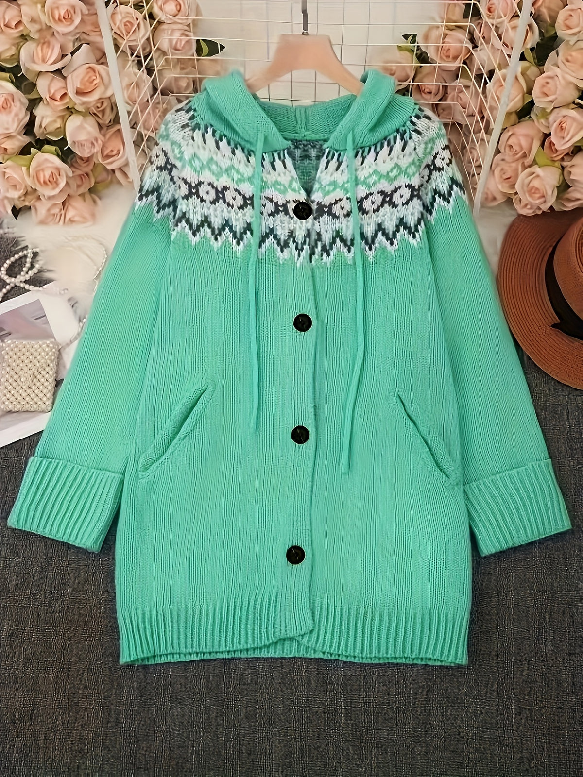 Fashionable Casual Long-Sleeve Hooded Cardigan for Women with Contrasting Colors And Pockets - Viridity