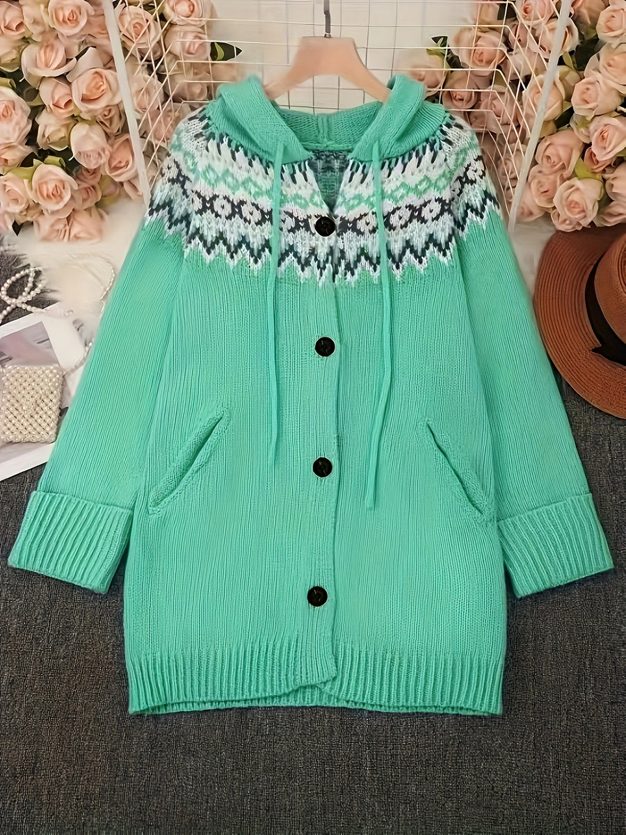 Fashionable Casual Long-Sleeve Hooded Cardigan for Women with Contrasting Colors And Pockets - Viridity