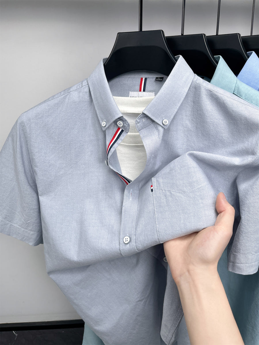 Men's Pure  Short-Sleeve Shirt, High Quality, Suitable for Business, Outerwear, Home, Gatherings, Parties, Skin-Friendly, Breathable, Fine Texture, Mature Style - Beige Gray