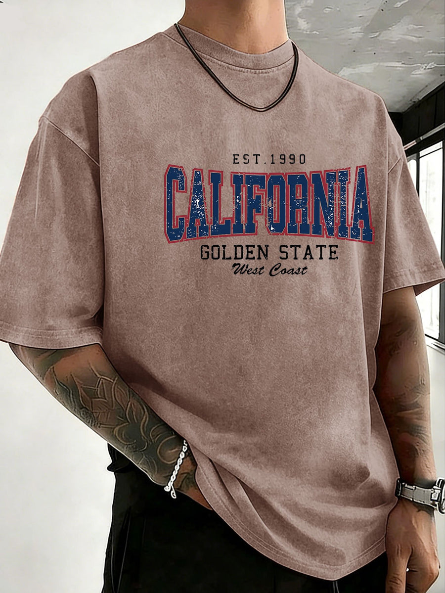 Midsummer Festival Holiday Style Unisex T-Shirt, Pure Cotton Washed Distressed, Double-Sided Print, Breathable and Sweat-Absorbent, Loose Fit for Outdoor Hiking, Sports, Trendy Casual Short Sleeve - Brown
