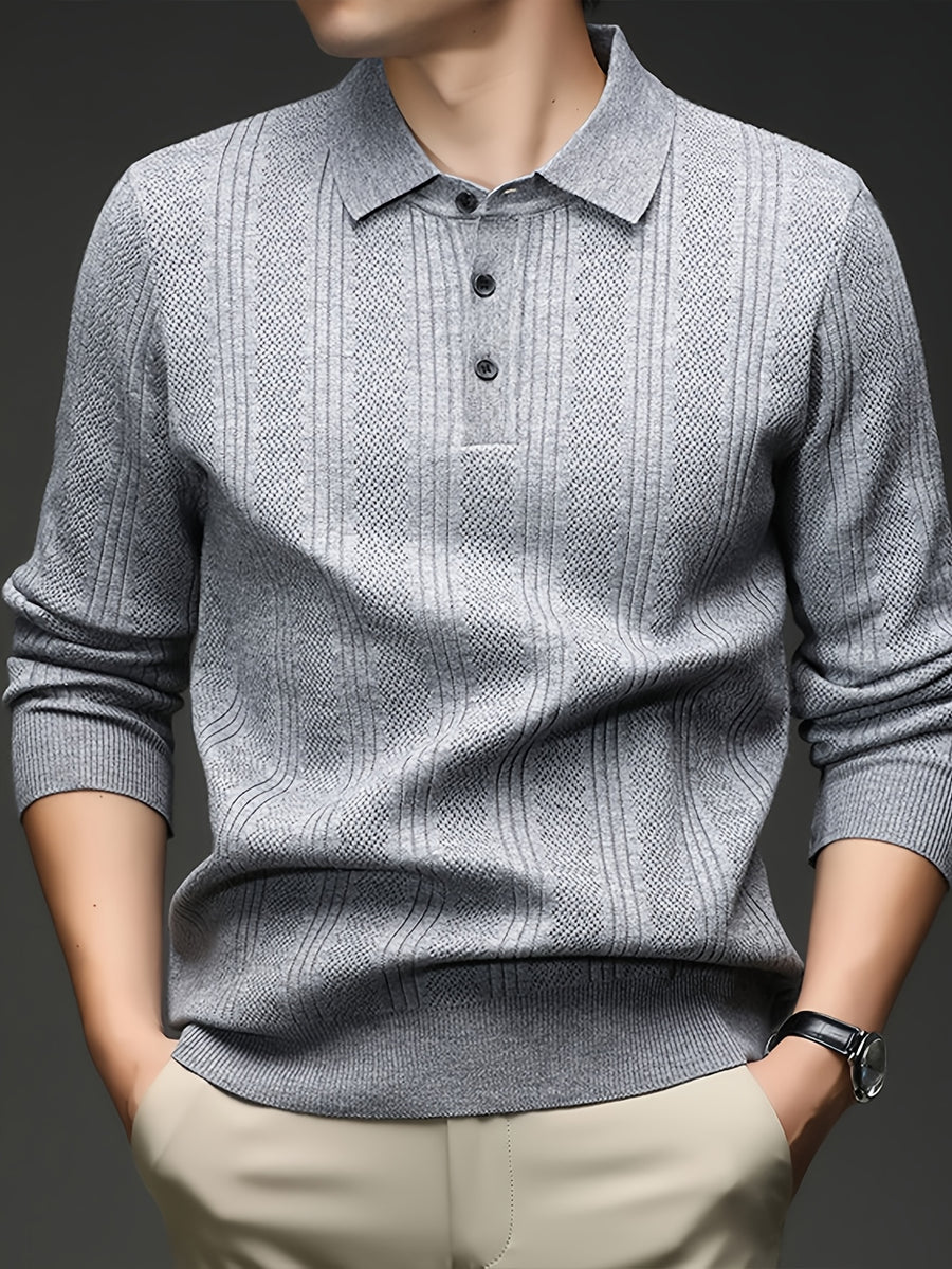 Autumn Renewal 1pc: Black Knitted Long-Sleeve Polo Shirt for Middle-Aged Men, Vertical Stripe Jacquard, Three-Button Lapel, Business Casual, Slim Fit for Spring/Autumn, Commuting and Daily Layering Top - Light Grey