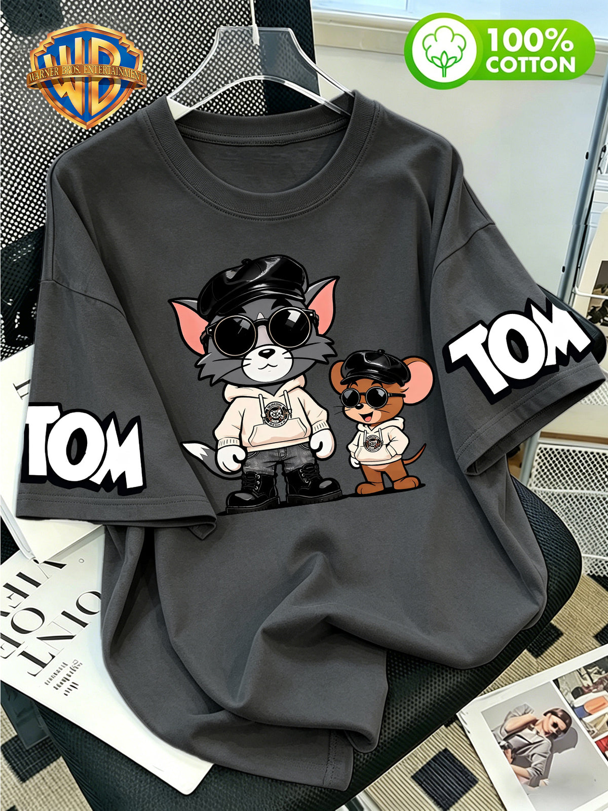 Warner Bros. Official Cartoon Print Crew Neck 100% Cotton T-Shirt, a Versatile and Fashionable Crew Neck Top for Men. Made from 100% Pure Cotton Fabric, It Offers Casual Comfort and a Relaxed Fit. This Short-sleeve T-shirt Is Perfect for Daily Summer - Dark Gray