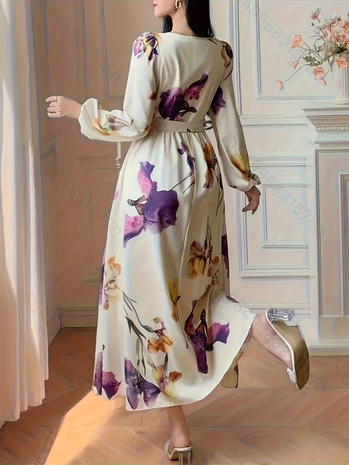 Vacation Style Printed Elegant Waist-Cinching Long Sleeve Dress - Beige