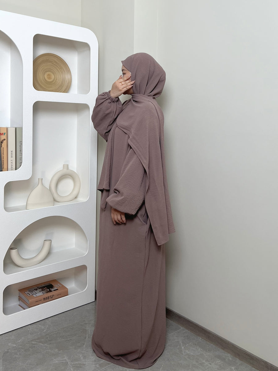 IRONFREE Elegant Crepe Hooded Abaya Hijab with Attached Scarf & Pockets - Modest Long Sleeve Full Coverage Prayer Dress, Machine Washable Medium Stretch Solid Color All-Season Traditional Muslim Women's Clothing, Muslim Clothes, Modest Apparel, Medium - Pale Pinkish Gray