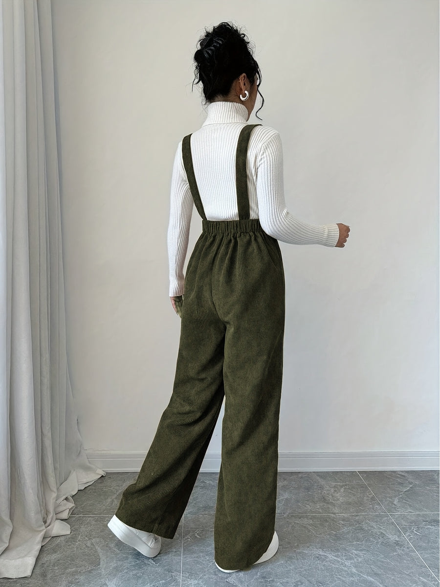 Women'S Elegant Corduroy Solid Color Suspender Pants - Olive Green