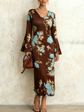 Women's V Neck Flare Long Sleeve Floral Print Midi Dress, High Waist Side Split Slim Bodycon Dress, Vintage Elegant Dress for Wedding Guest Office Vacation Daily Outfit - Coffee Brown