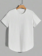 3pcs Men's Loose-Fit Short-Sleeve T-Shirt - High-Stretch Wrinkle-Resistant Streetwear Tee with Curved Hemline, Round Neck Solid Color Shirt Suitable for Gym, Summer Camping & Casual Wear, Machine Washable for Lifestyles - White