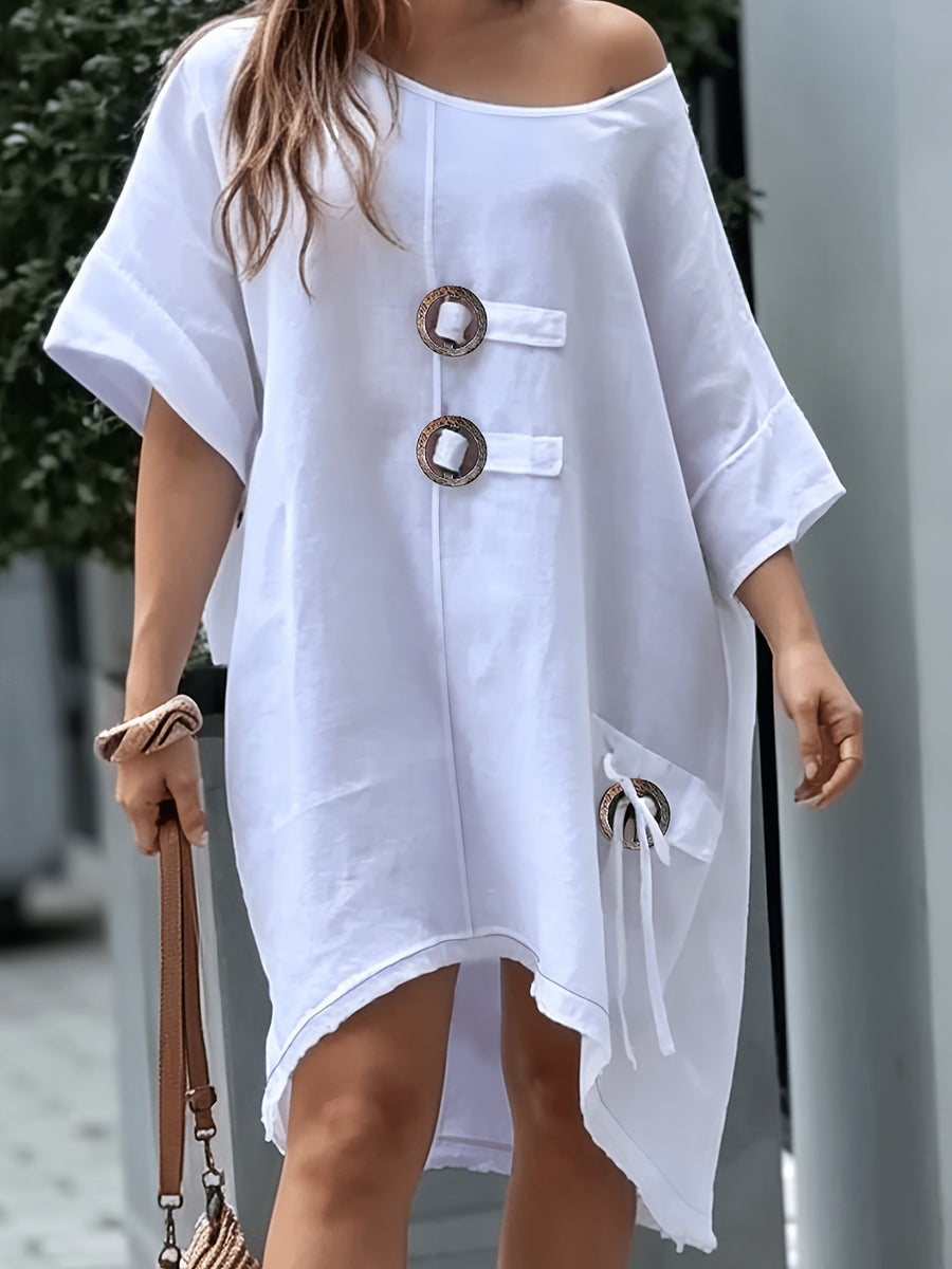 Plus Size - Women'S Dress, Plus Size Dress, Nomadic Style, One-Shoulder Dress, Coconut Button, Asymmetric Tie, High-Low Hem, Fringe Dress, Frayed Hem, -Like, Vacation Dress, Casual Dress, Boho Dress, Long Maxi Dress - 【Beige】