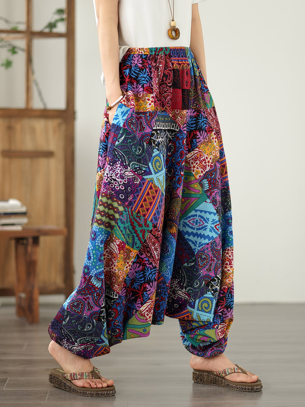 9531# Real Shot New Style Elegant Wide-Leg Pants Floral Print Flared Pants Casual Loose Pants Ethnic Style Harem Pants - Purple