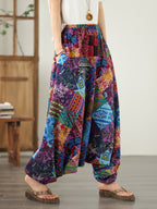 9531# Real Shot New Style Elegant Wide-Leg Pants Floral Print Flared Pants Casual Loose Pants Ethnic Style Harem Pants - Purple