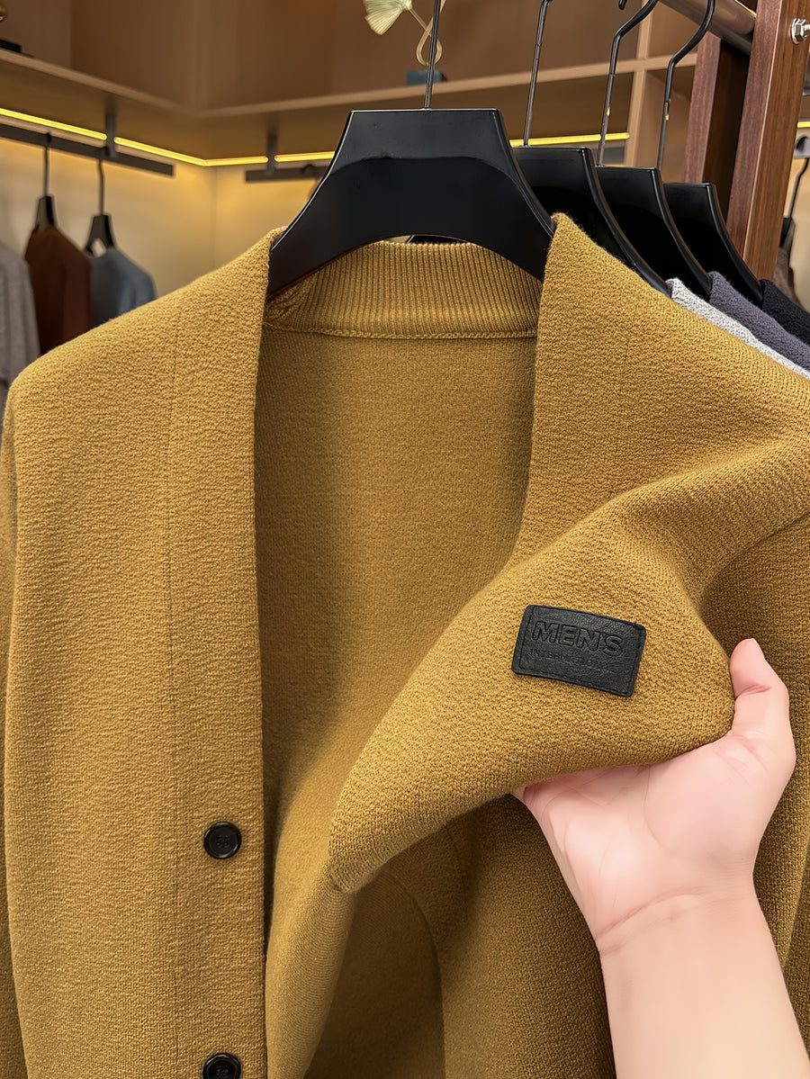 1pc Spring Autumn Men'S V-Neck Cardigan Knit Jacket Single Fake Button Cardigan Sweater Easy All-Match Casual Outerwear Knit Top - ginger-colored