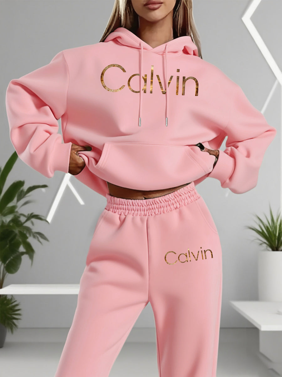 Graphic Print Two-Piece Set, Crew Neck Sweatshirt And Pants, Women'S Clothing - Pink