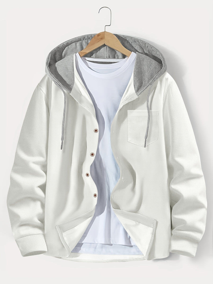 Men's Casual Hooded Jacket - Soft, Breathable Polyester with Button-Up Design & Pockets | Perfect for Spring, Fall & Outdoor Activities, Long Sleeve, Fashion, Daily, Leisure Style, Conventional Version - White