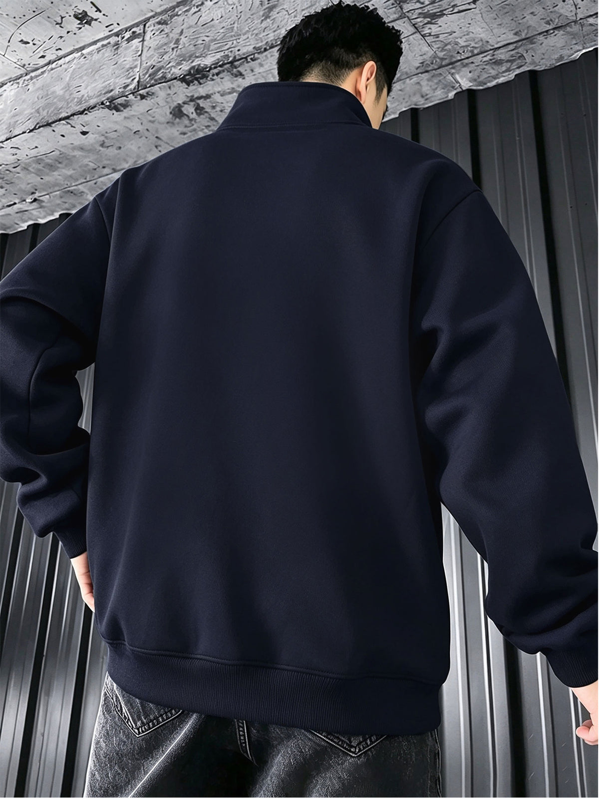 Jacket Men'S Stand Collar Multi-Scene Wear Western Easy Long Sleeve Spring Autumn Anti-Wrinkle Pure Ribbed Zipper Pocket Full Zipper Closure Sports Casual Cardigan Coat - Navy Color