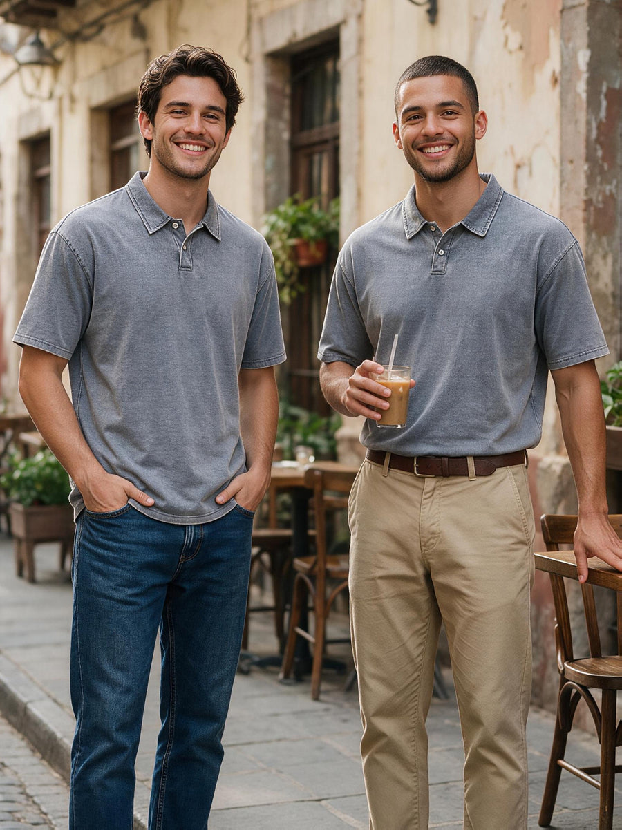 Two-pc More Cost-Effective Heavyweight Combed Pure Vintage Washed Distressed Polo Shirt for Men, Loose Fit Casual Short Sleeve Lapel, Latin American Style Daily Versatile Button-Up Top, Business Casual Commuter Lapel T-Shirt - Grey