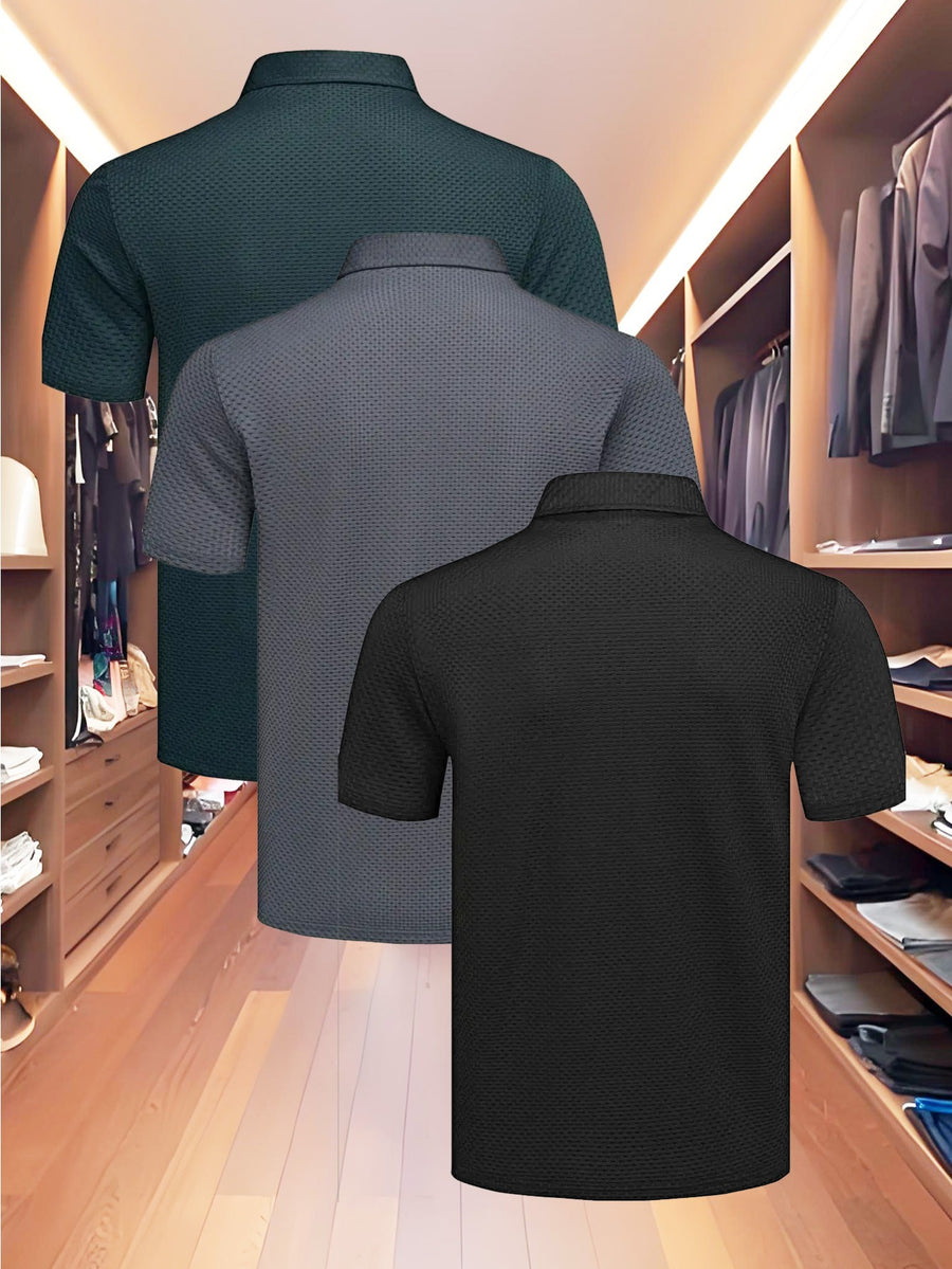 3pcs Value Pc, Summer Short-sleeve Polo Shirt! New Jacquard Fabric, Quick-drying, Lightweight and Breathable, Easy to Wash and Dry Quickly. Men's Color-blocked Cool and Comfortable Polo Shirt with Lapel, for Sports and Casual Wear. Men's Short-sleeve - Green Gray Black