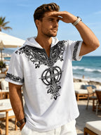 Western Retro Men'S Hooded Short Sleeve Shirt Thin Breathable Totem Print Half-Button Loose Casual Beach Vacation Men'S Clothing - White