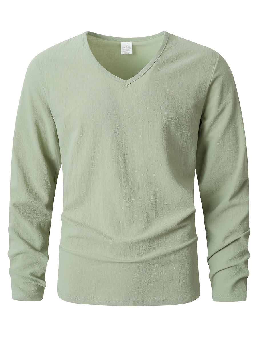 Japanese Texture Pleated Linen Athletic Long Sleeve Men'S Size Large V-Neck Loose Commuter Fitness Outerwear Lightweight Sunscreen Base Layer Summer Non-Stuffy Sunscreen Long Sleeve Loose V-Neck Linen Men'S Casual Athletic T-Shirt - Yellow-green