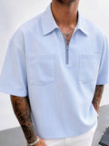 Men's Summer Striped Half-Zip Casual Short-Sleeve Shirt, Comfortable Fabric, Loose Fit, Suitable for Home, Outdoors, and Vacation Travel - Light Blue
