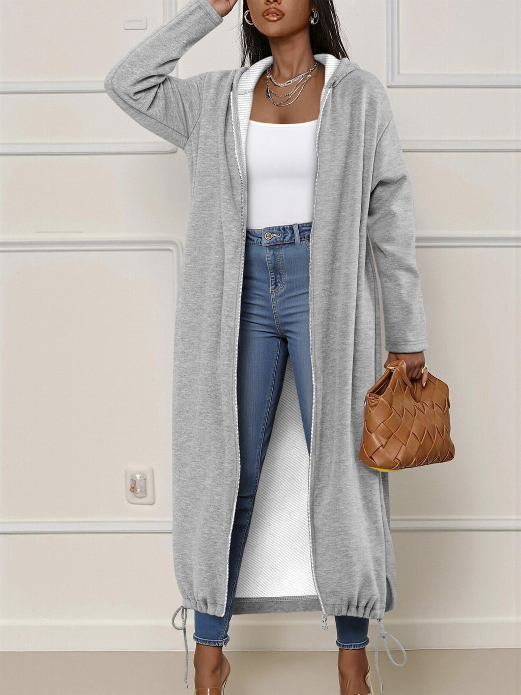 Stylish Gray Hooded Long Sweatshirt Cardigan, Loose And Casual Style Jacket for Women - Grey