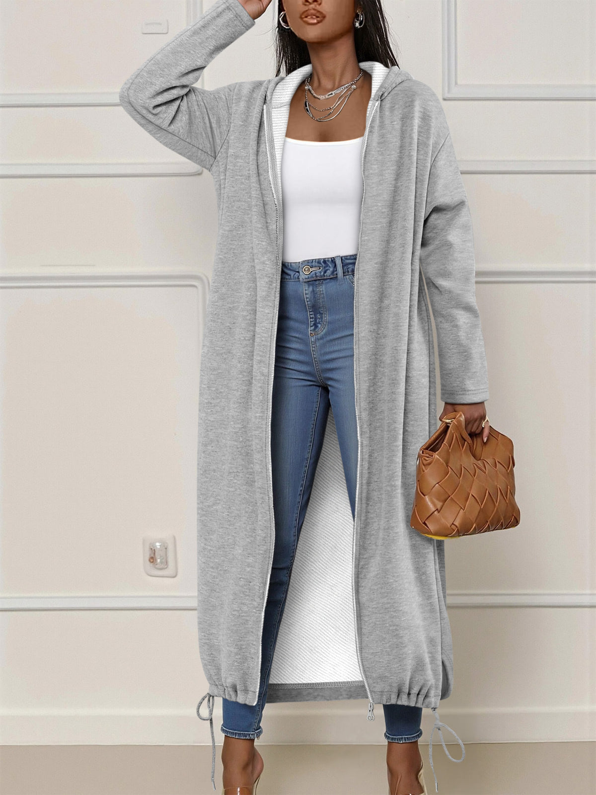 Stylish Gray Hooded Long Sweatshirt Cardigan, Loose And Casual Style Jacket for Women - Grey
