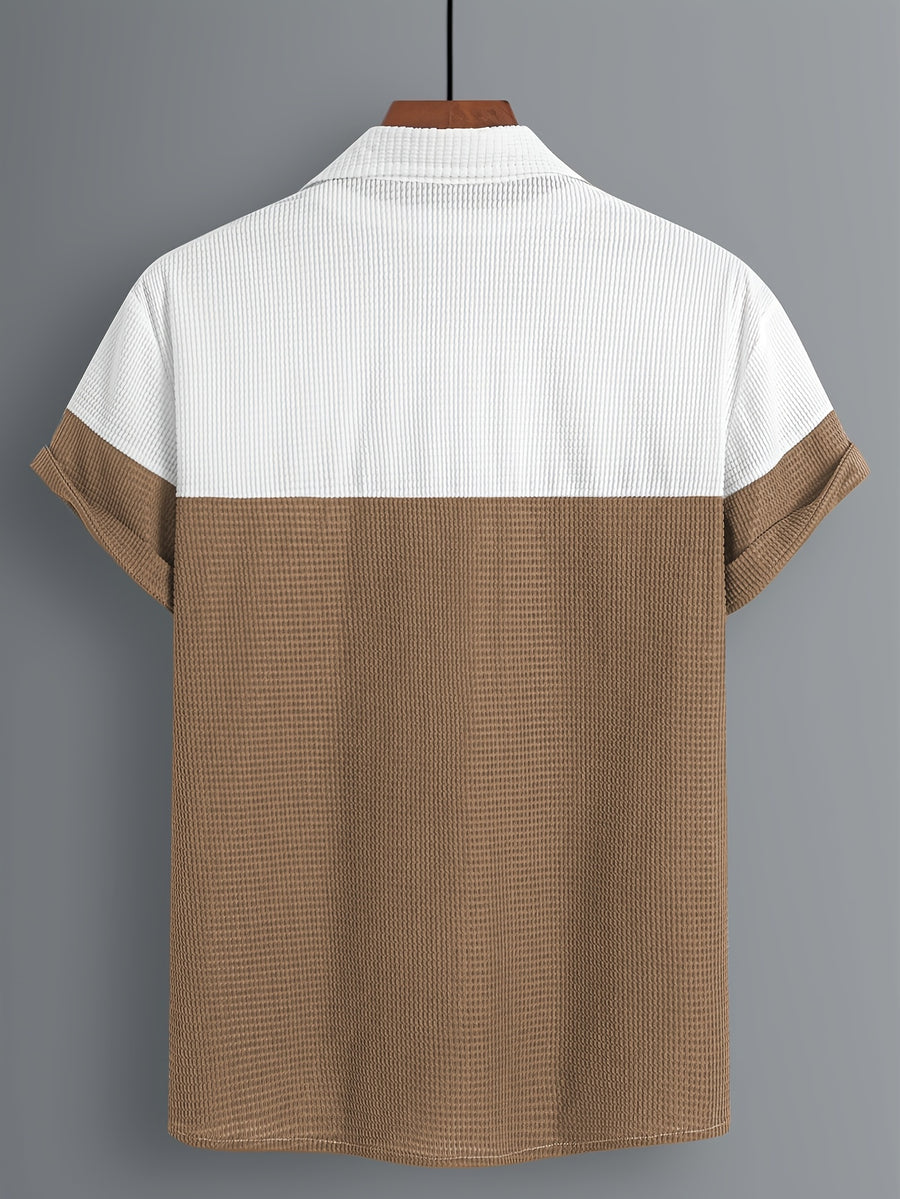 Men's Blue and White Contrast Corn Husk Grain Fabric Comfortable and Breathable Material, Lapel Collar, Full Open Front, Contrast Button Design, Suitable for Daily Casual, Fashionable, Simple Outings, Commuting, Street Style, Outings, and Summer New - Khaki