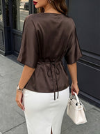 Women's Fashion Round Neck Tie-Back Elegant Shirt Top Short Sleeve Blouse - Coffee Brown
