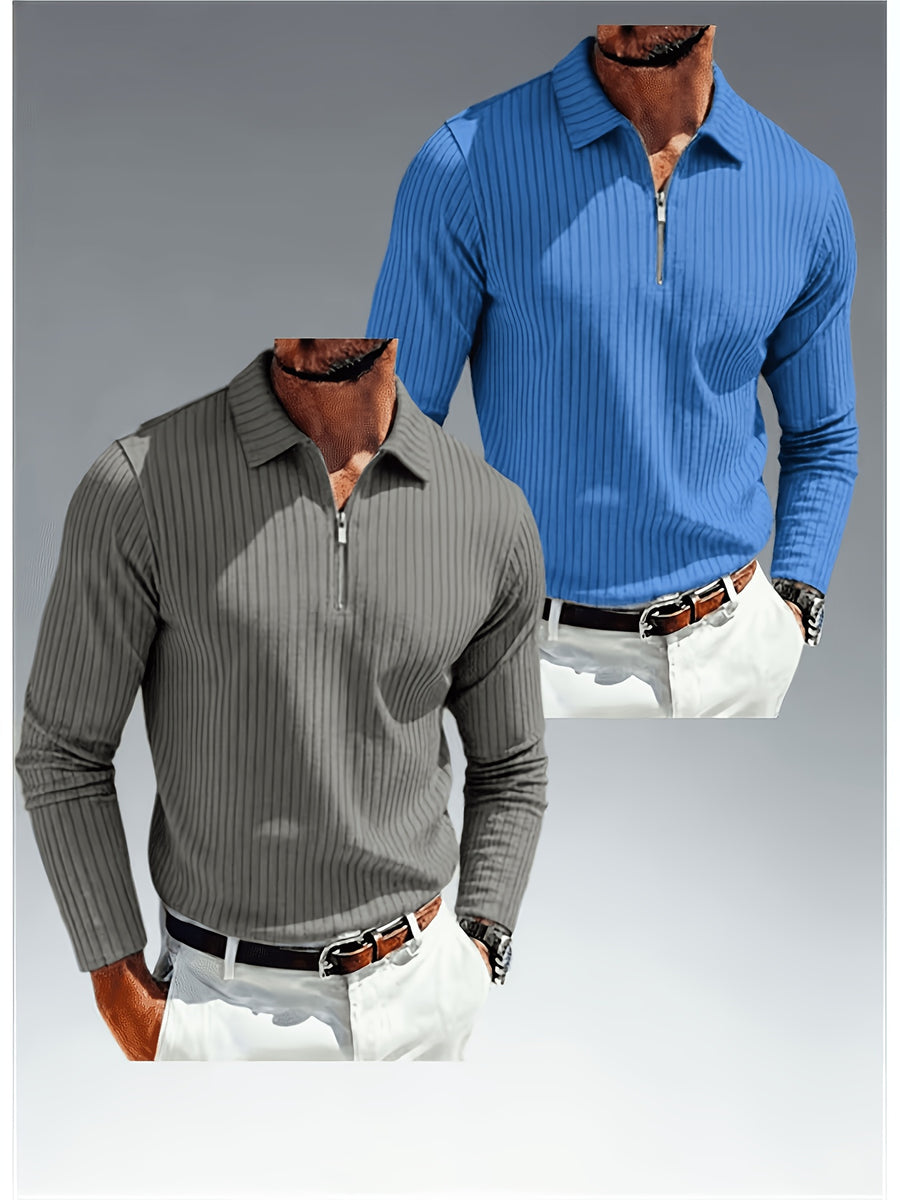 Spring/Autumn Men's Polo Shirt with Zipper and Striped Pattern, Long Sleeve, 2pcs - Grey+Blue