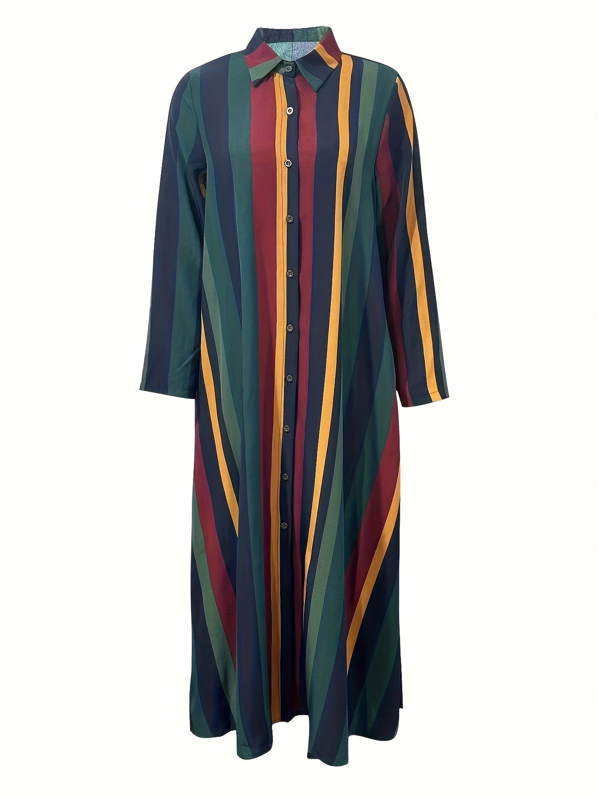 Elegant Colorful Striped Button-Up Maxi Dress for Women - Polyester, Machine Washable, Non-Stretch Fabric - Mixed colors