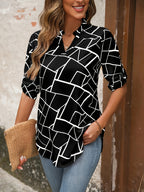 Elegant  Geometric Pattern V-neck Pullover Half-sleeve Shirt - Black