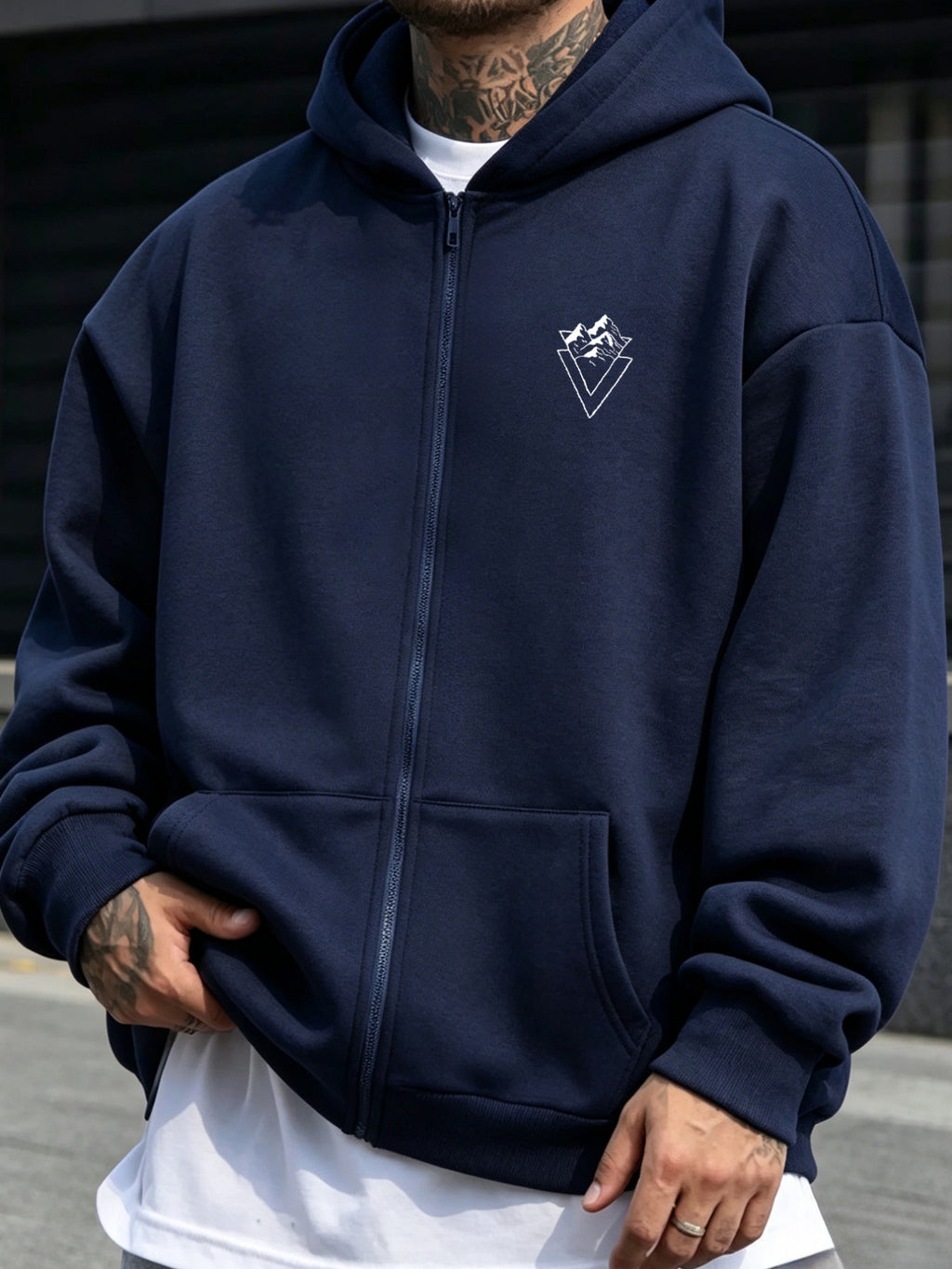 2026 New Men's Zip-Up Hoodie - Casual Pullover with Kangaroo Pocket, Stretch Fabric,  Letter Graphic Print, Versatile and Fashionable Style, Perfect Choice for Fall - Navy Color