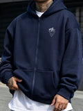 2026 New Men's Zip-Up Hoodie - Casual Pullover with Kangaroo Pocket, Stretch Fabric,  Letter Graphic Print, Versatile and Fashionable Style, Perfect Choice for Fall - Navy Color