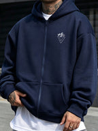 2026 New Men's Zip-Up Hoodie - Casual Pullover with Kangaroo Pocket, Stretch Fabric,  Letter Graphic Print, Versatile and Fashionable Style, Perfect Choice for Fall - Navy Color