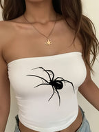 Y2K Women'S Off-Shoulder Short Top With Spider Design | Sexy, Suitable For Summer And Casual Wear, Cute Short Style - White