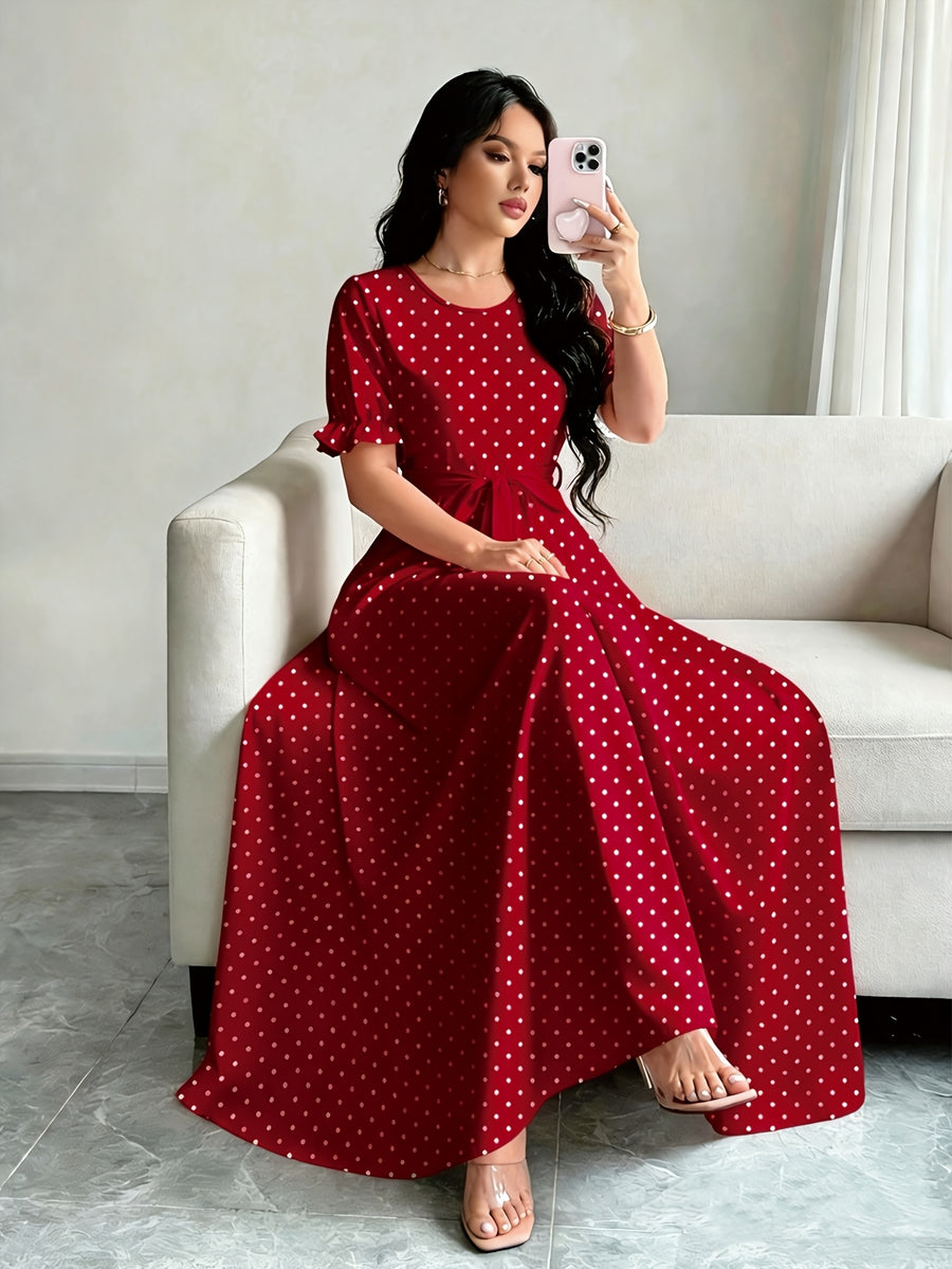 Elegant Summer Dress, Polka Dot Print Dress, Women's Fashion Round Neck Short Puff Sleeve Dress with Belted Waist, Long Dress ASD1 - Burgundy